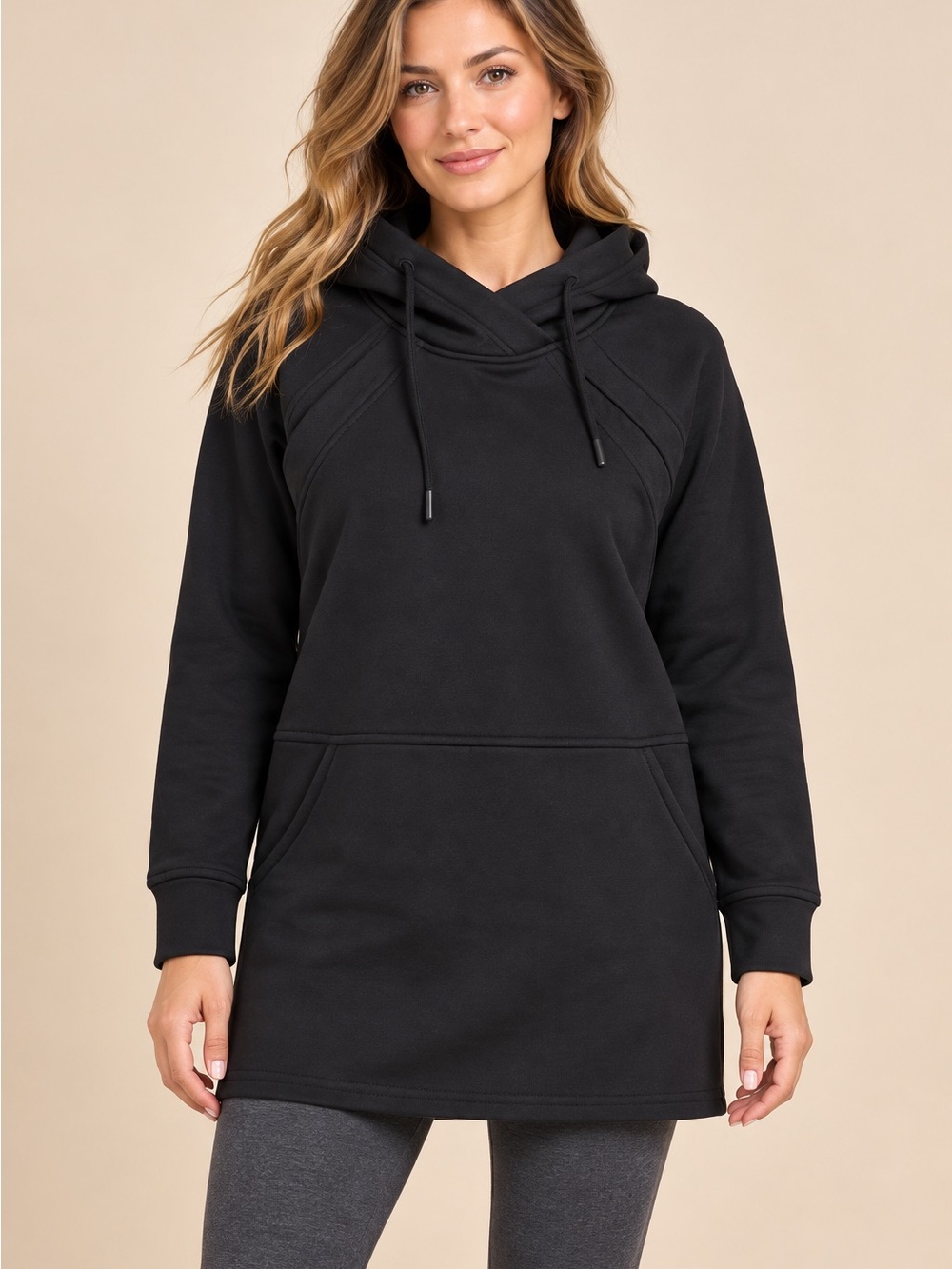 NWOT 32 Degrees Black Long Hoodie Tunic with Kangaroo Pocket